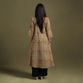 Yellow Block Print Natural Dyed Cotton A-Line Bagru Kurta