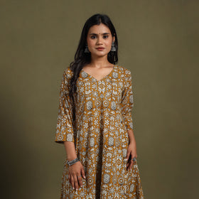Yellow Block Print Natural Dyed Cotton A-Line Bagru Kurta