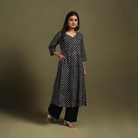 Black Block Print Natural Dyed Cotton A-Line Bagru Kurta