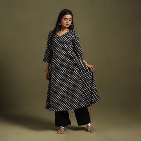 Black Block Print Natural Dyed Cotton A-Line Bagru Kurta
