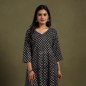Black Block Print Natural Dyed Cotton A-Line Bagru Kurta