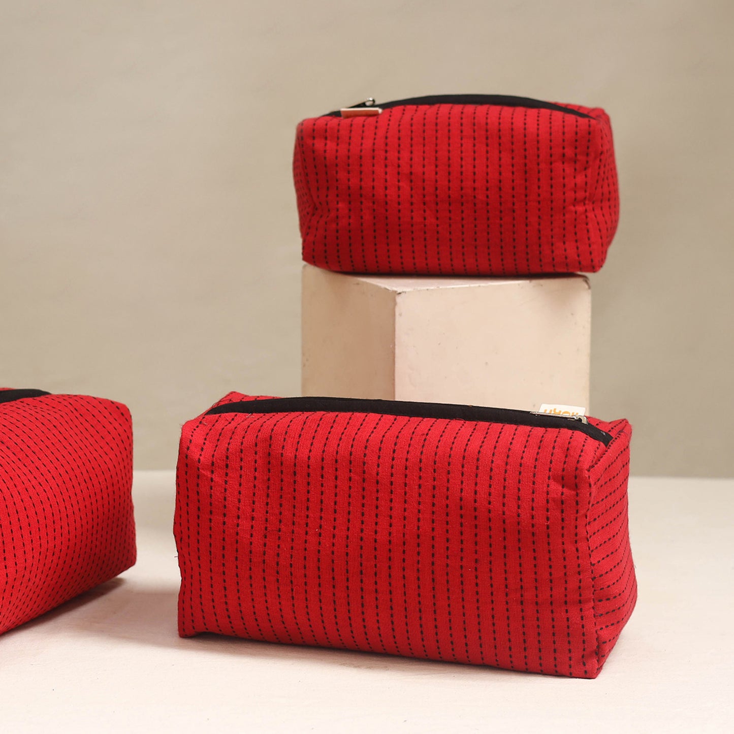Red - handmade cotton toiletry bags (set of 3) 10