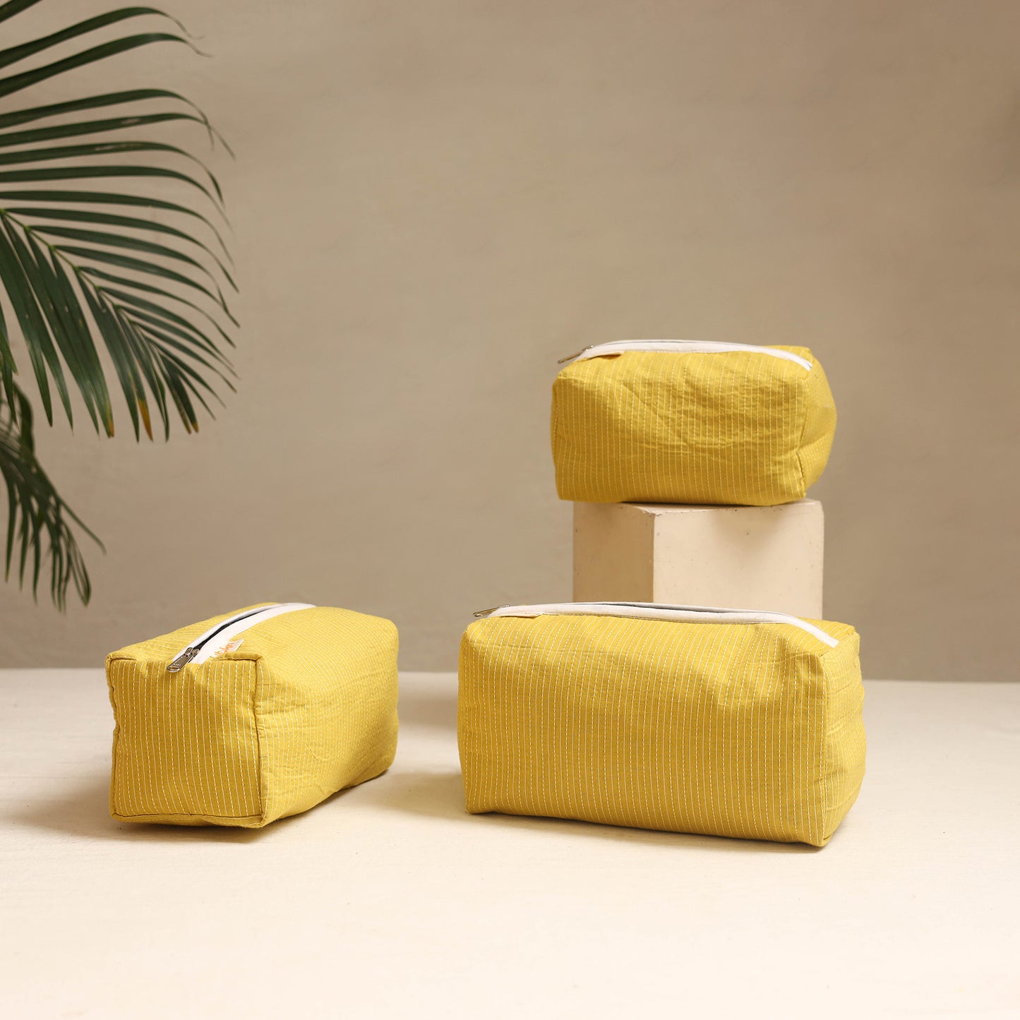 Yellow - handmade cotton toiletry bags (set of 3) 02