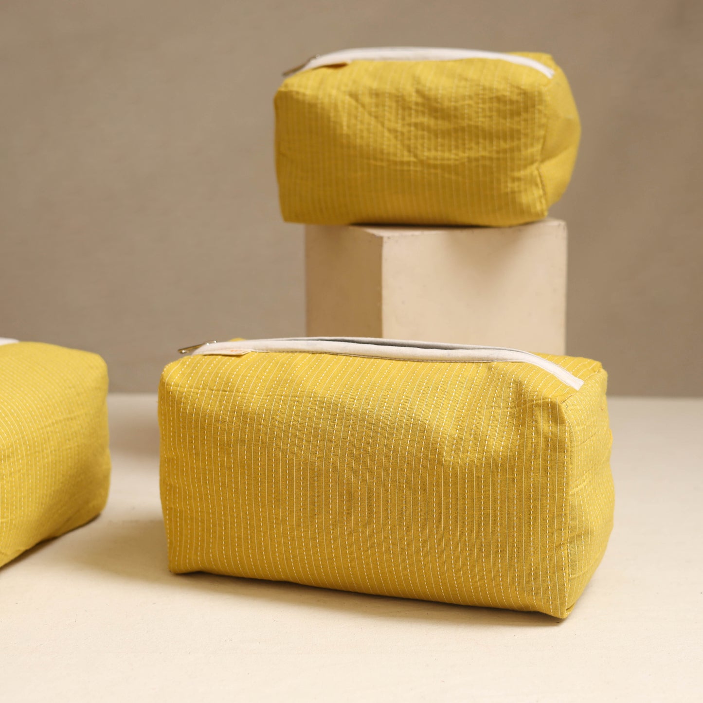 Yellow - handmade cotton toiletry bags (set of 3) 02