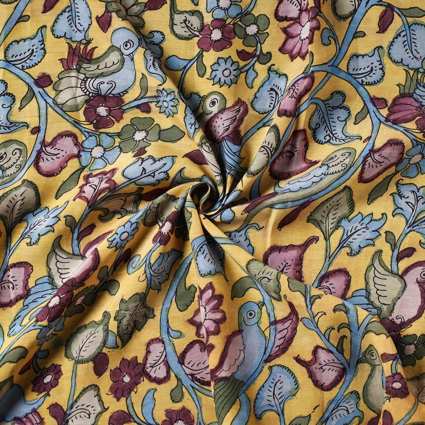 Yellow - Handpainted Srikalahasti Kalamkari Pen Work Handloom Chanderi Silk Fabric