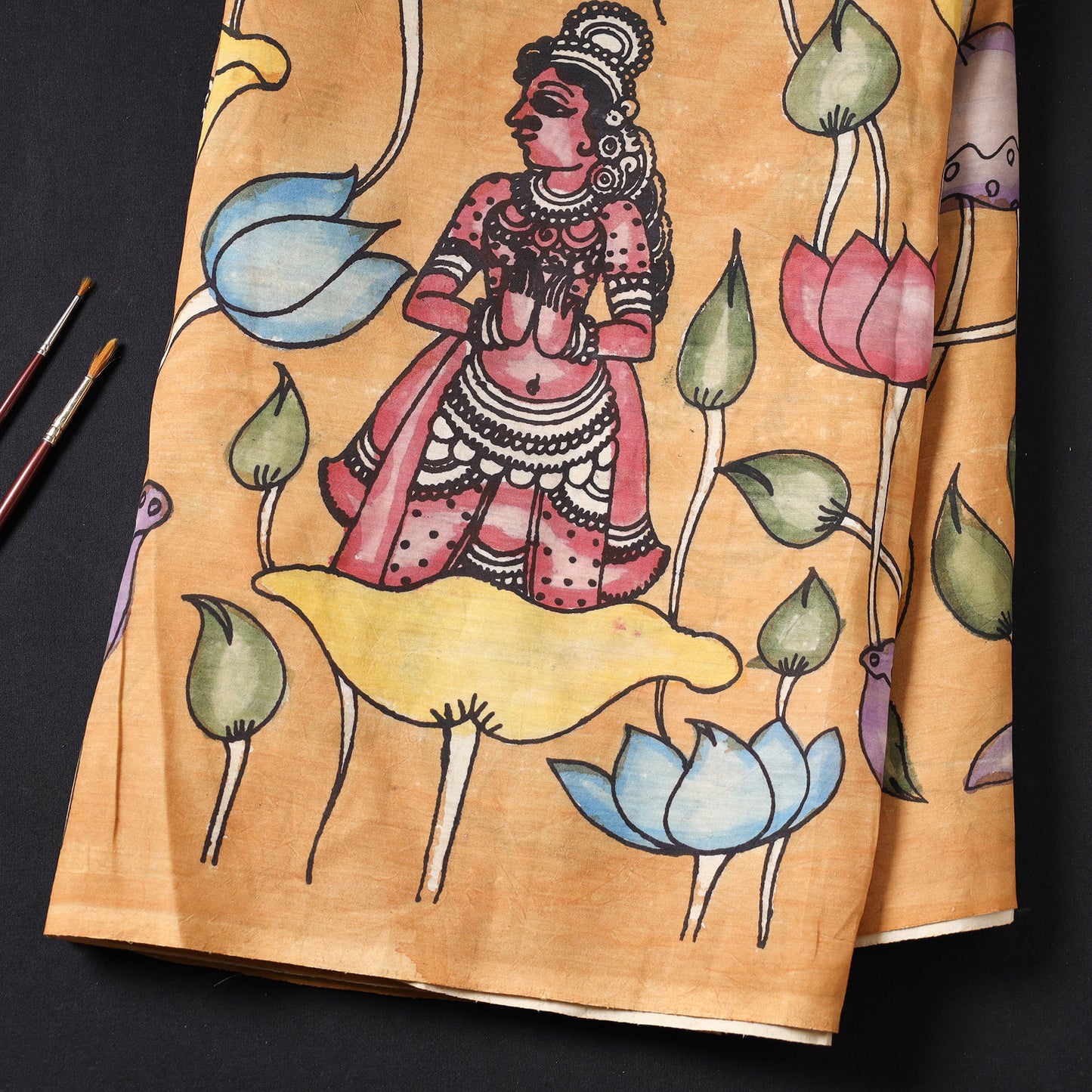Brown - Handpainted Srikalahasti Kalamkari Pen Work Handloom Chanderi Silk Fabric