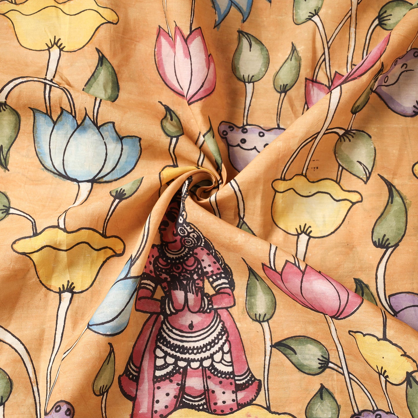 Brown - Handpainted Srikalahasti Kalamkari Pen Work Handloom Chanderi Silk Fabric