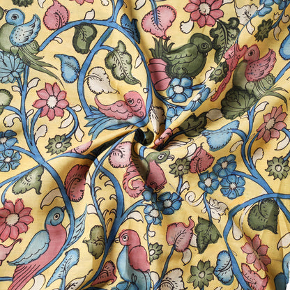 Yellow - Handpainted Srikalahasti Kalamkari Pen Work Handloom Chanderi Silk Fabric