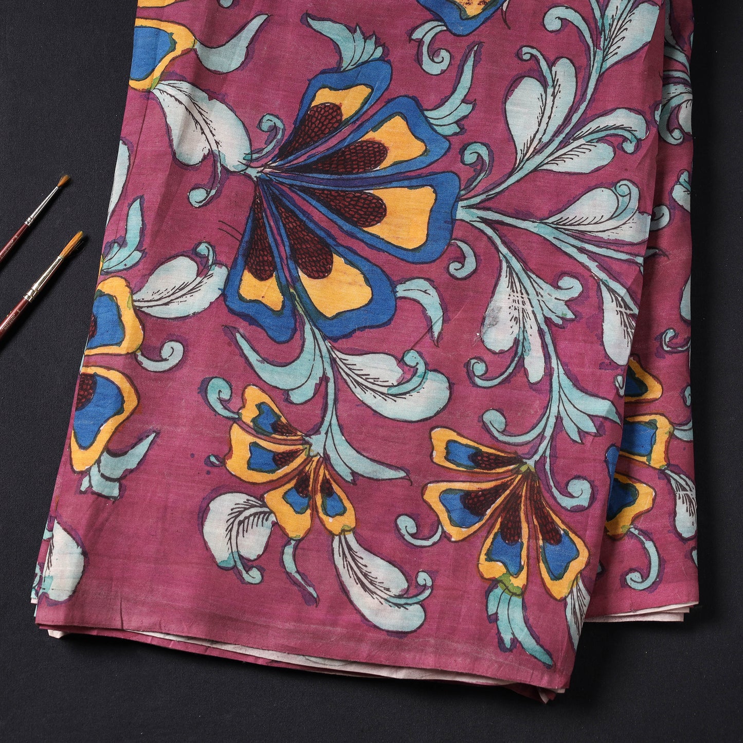 Purple - Handpainted Srikalahasti Kalamkari Pen Work Handloom Chanderi Silk Fabric