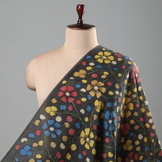 Black - Handpainted Srikalahasti Kalamkari Pen Work Handloom Chanderi Silk Fabric