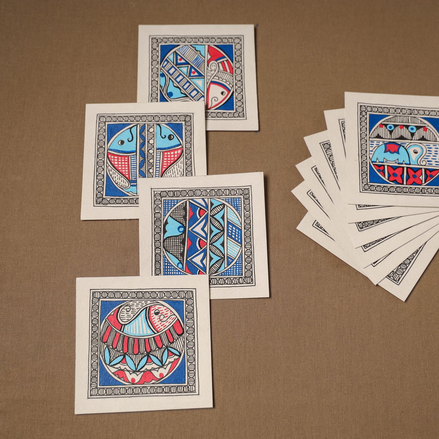 Multicolor - Blue - Madhubani Handpainted Wall Decor Cards (Set of 10) 07