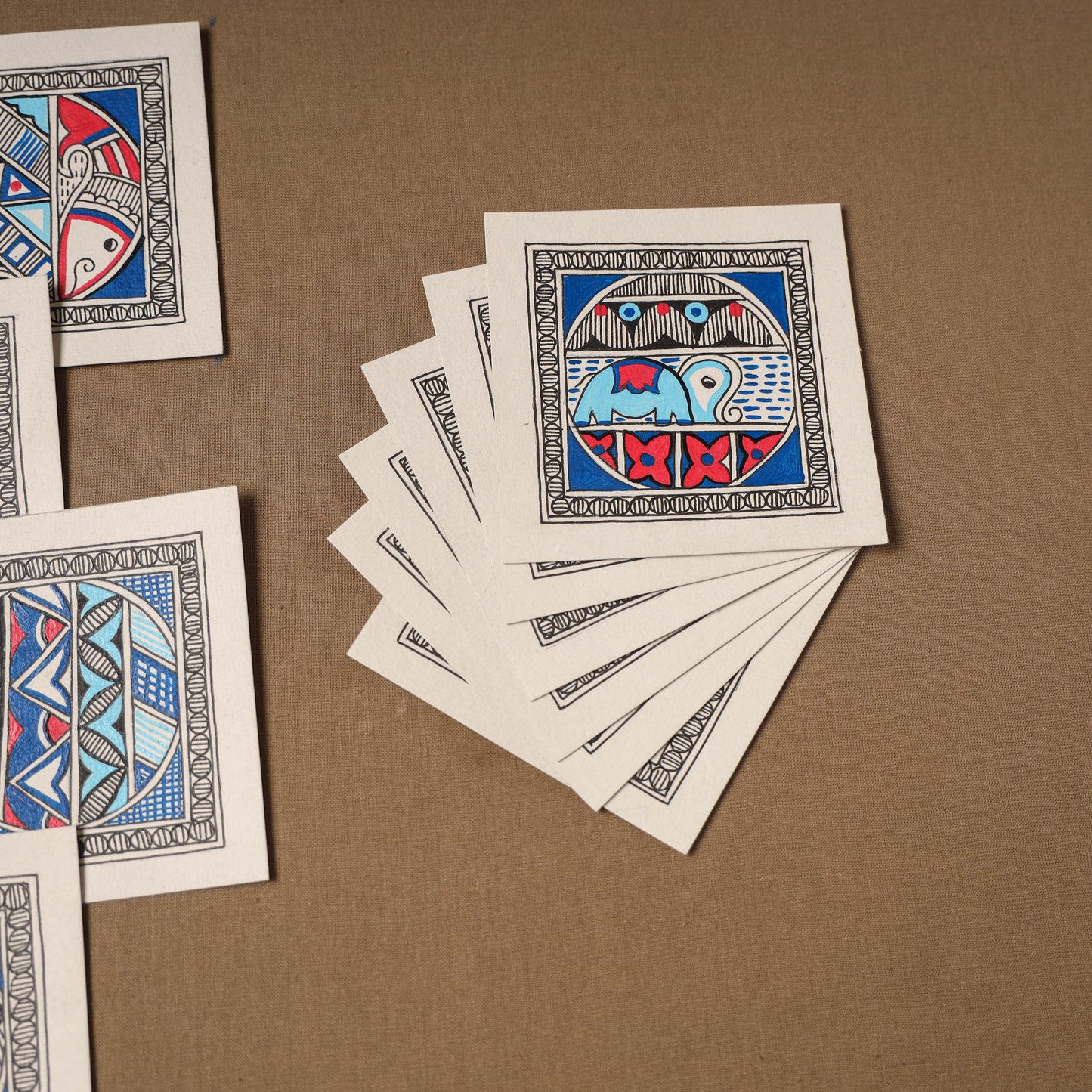 Multicolor - Blue - Madhubani Handpainted Wall Decor Cards (Set of 10) 07
