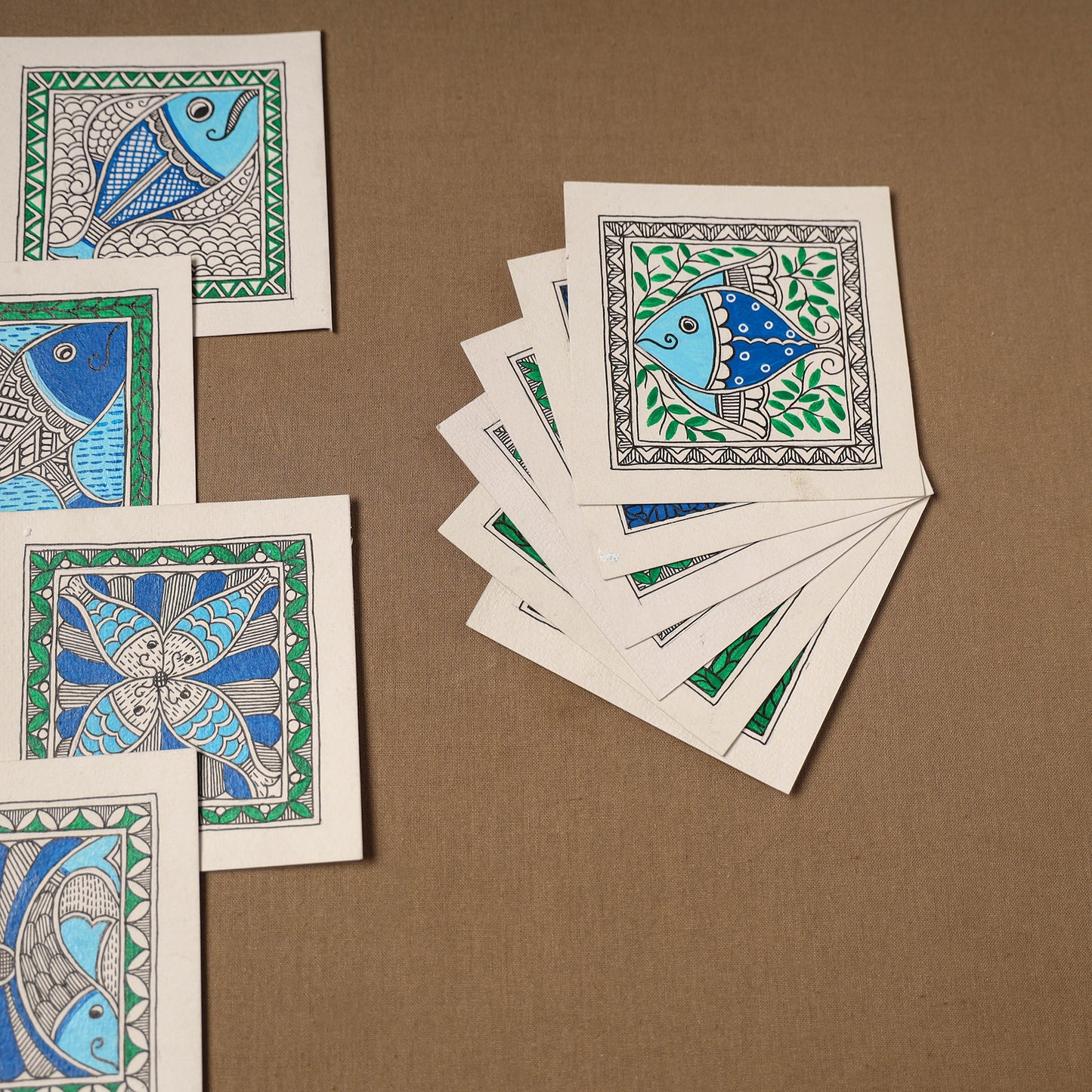 Multicolor - Blue - Madhubani Handpainted Wall Decor Cards (Set of 10) 10