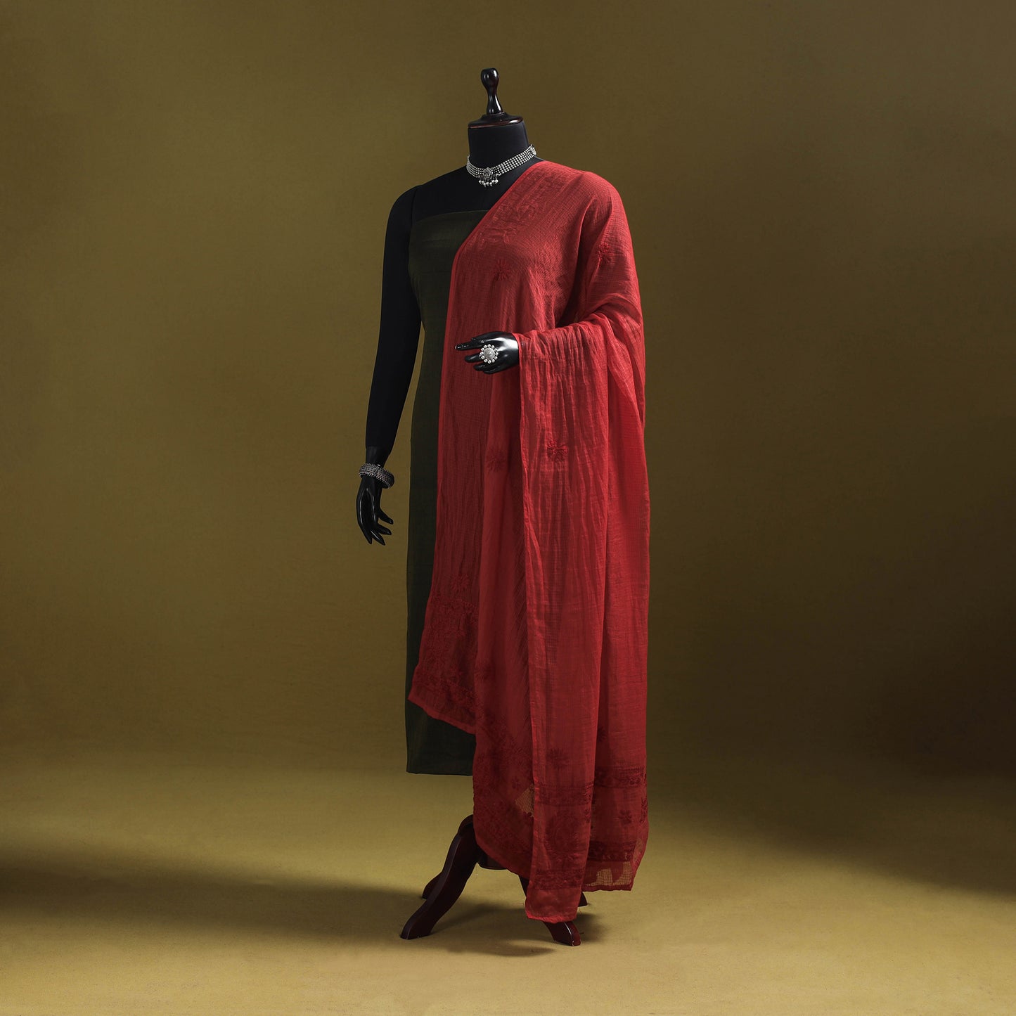 Red - kota doria cotton hand embroidered lucknowi