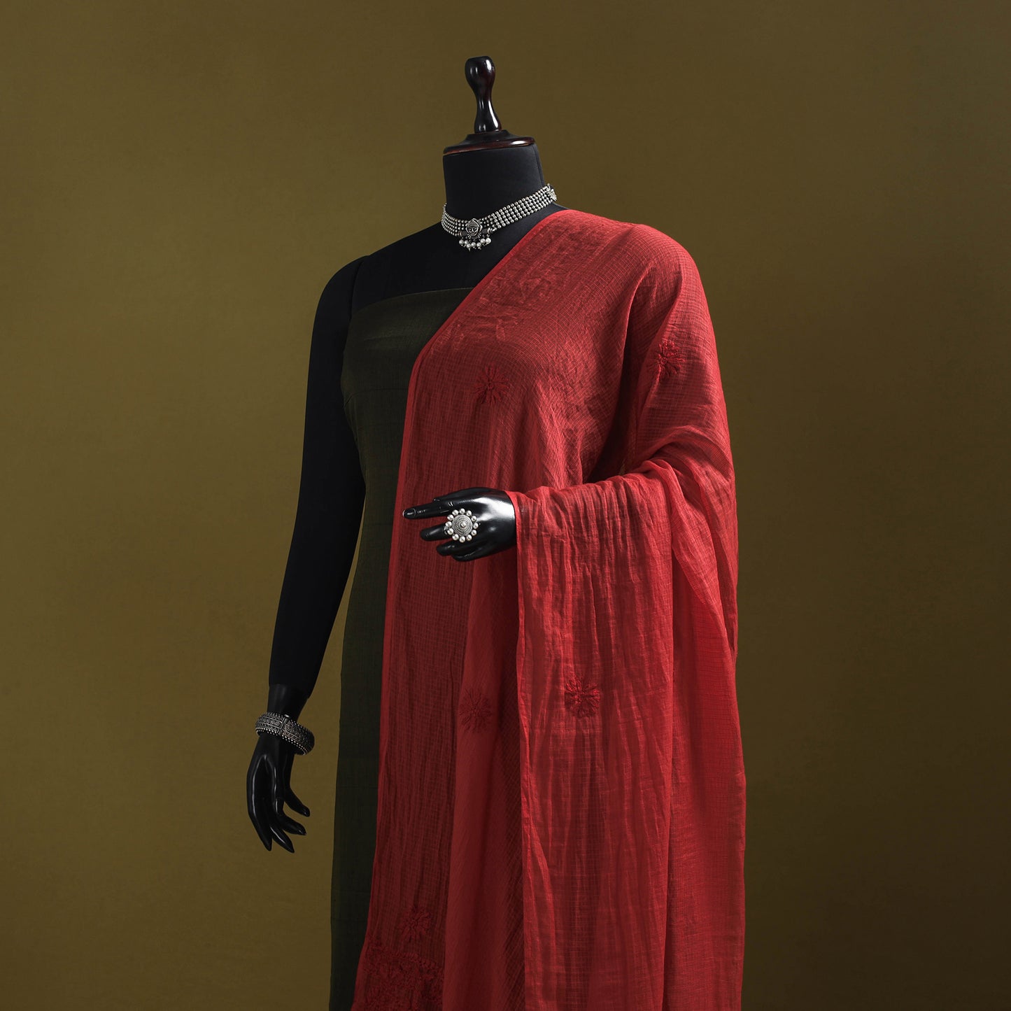 Red - kota doria cotton hand embroidered lucknowi