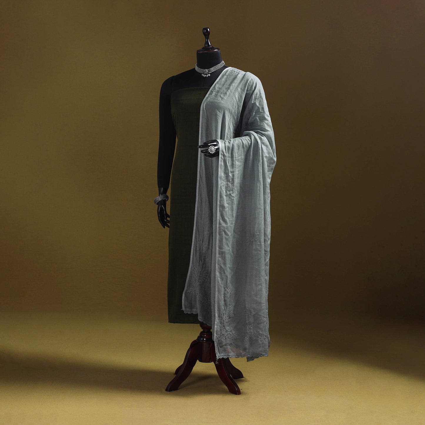 Grey - kota doria cotton hand embroidered lucknowi