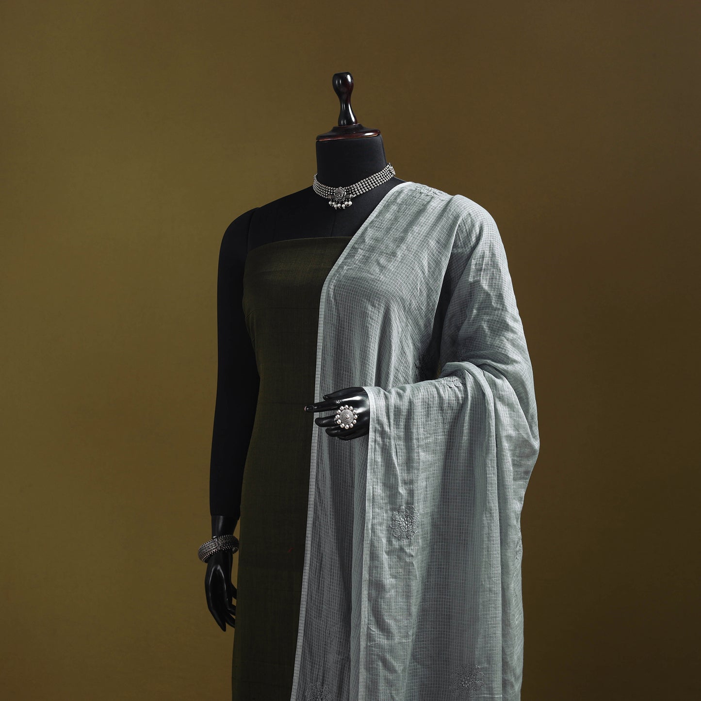 Grey - kota doria cotton hand embroidered lucknowi