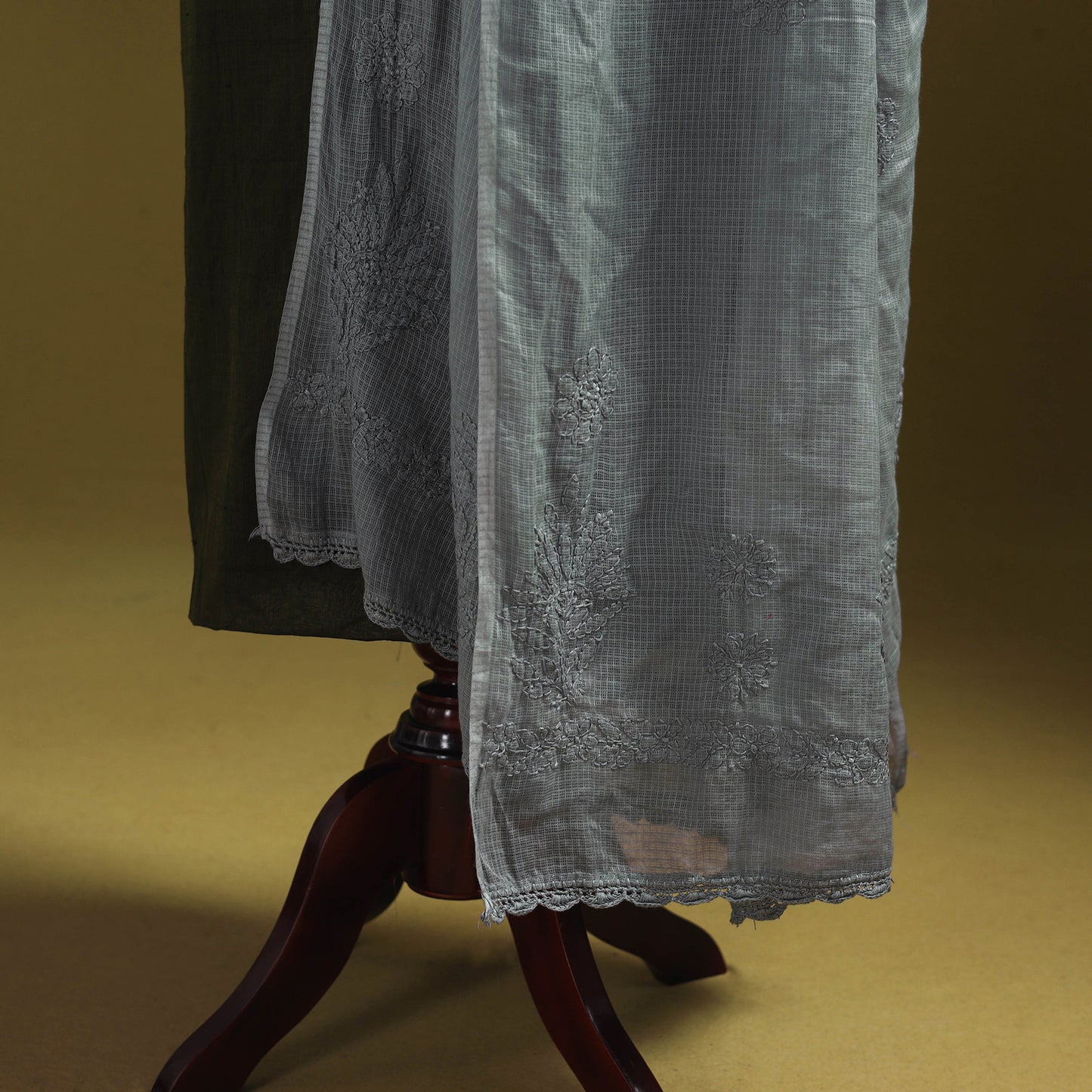 Grey - kota doria cotton hand embroidered lucknowi