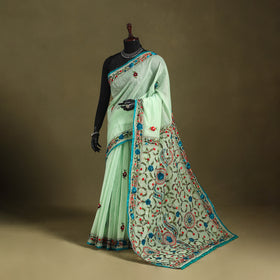 Green - Chanderi Silk Hand Embroidery Phulkari Saree 10