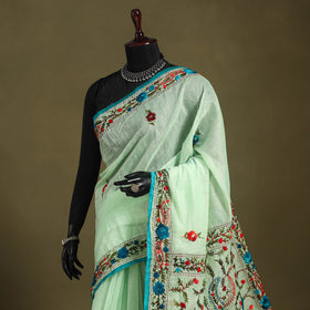 Green - Chanderi Silk Hand Embroidery Phulkari Saree 10
