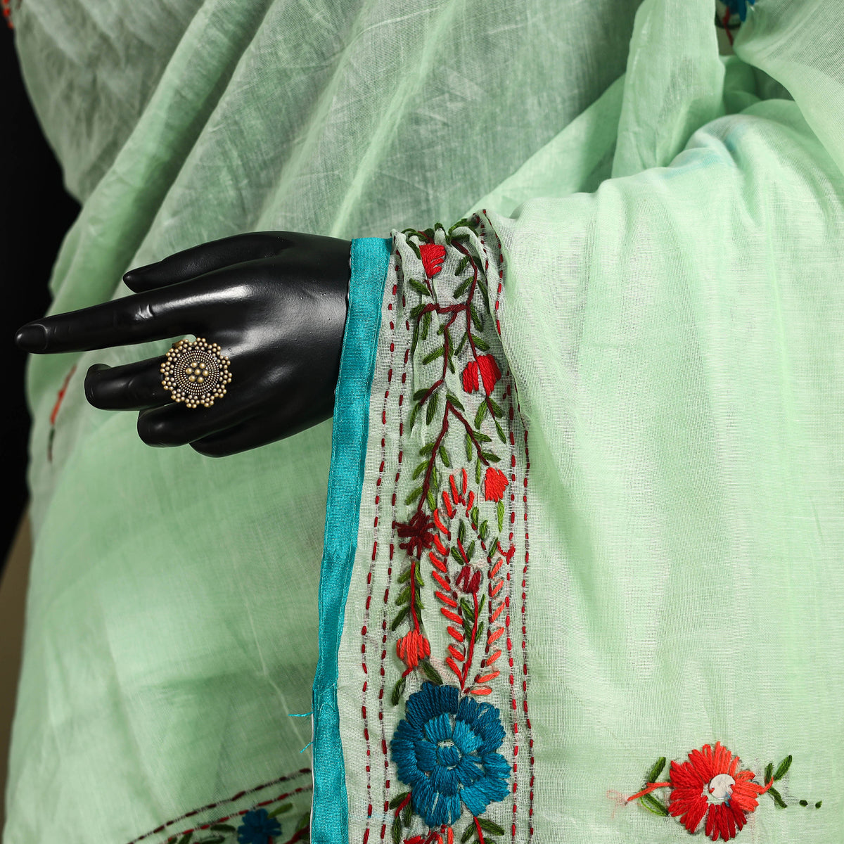 Green - Chanderi Silk Hand Embroidery Phulkari Saree 10