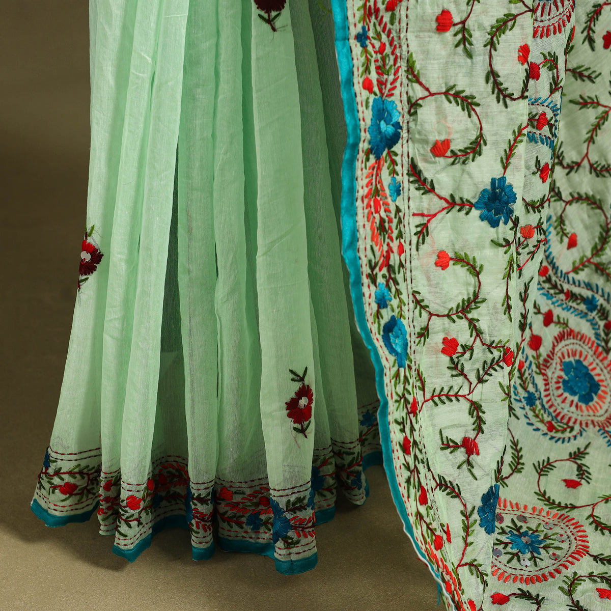 Green - Chanderi Silk Hand Embroidery Phulkari Saree 10