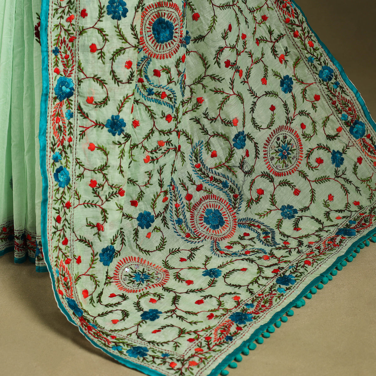 Green - Chanderi Silk Hand Embroidery Phulkari Saree 10