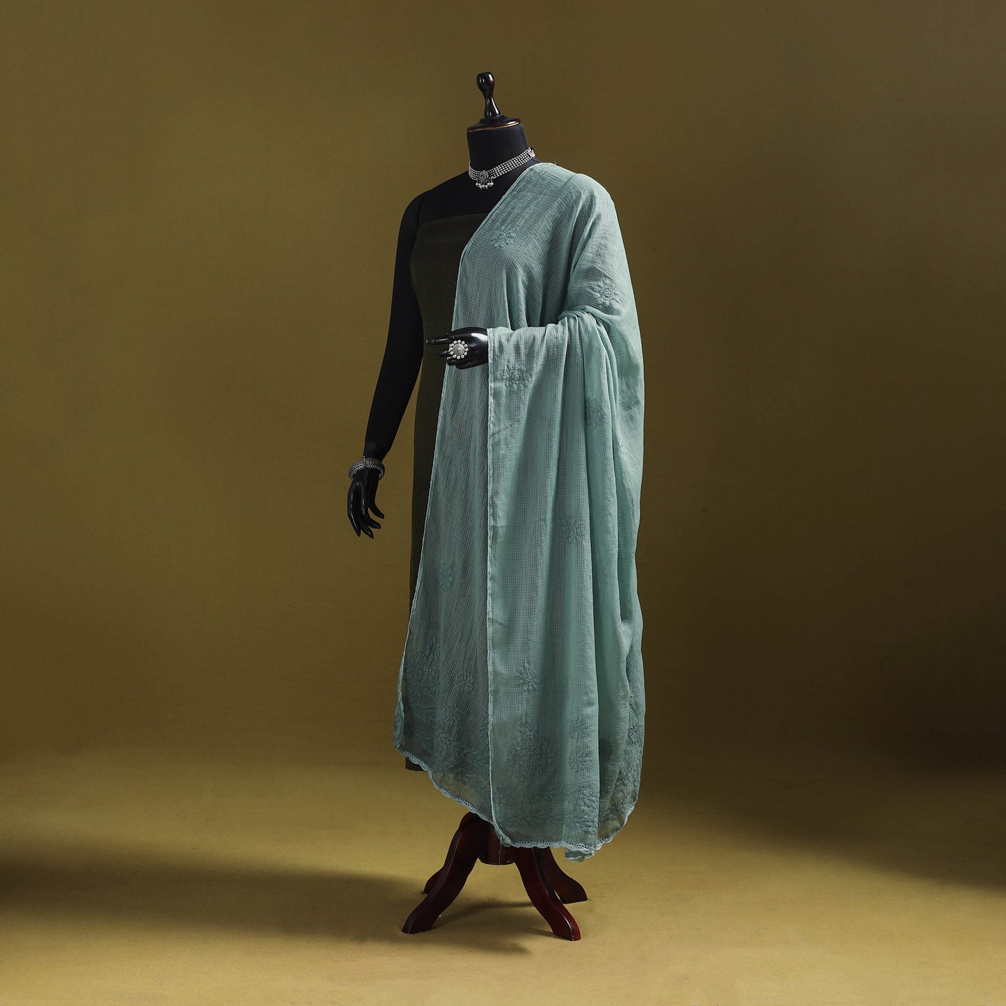 Green - kota doria cotton hand embroidered lucknowi