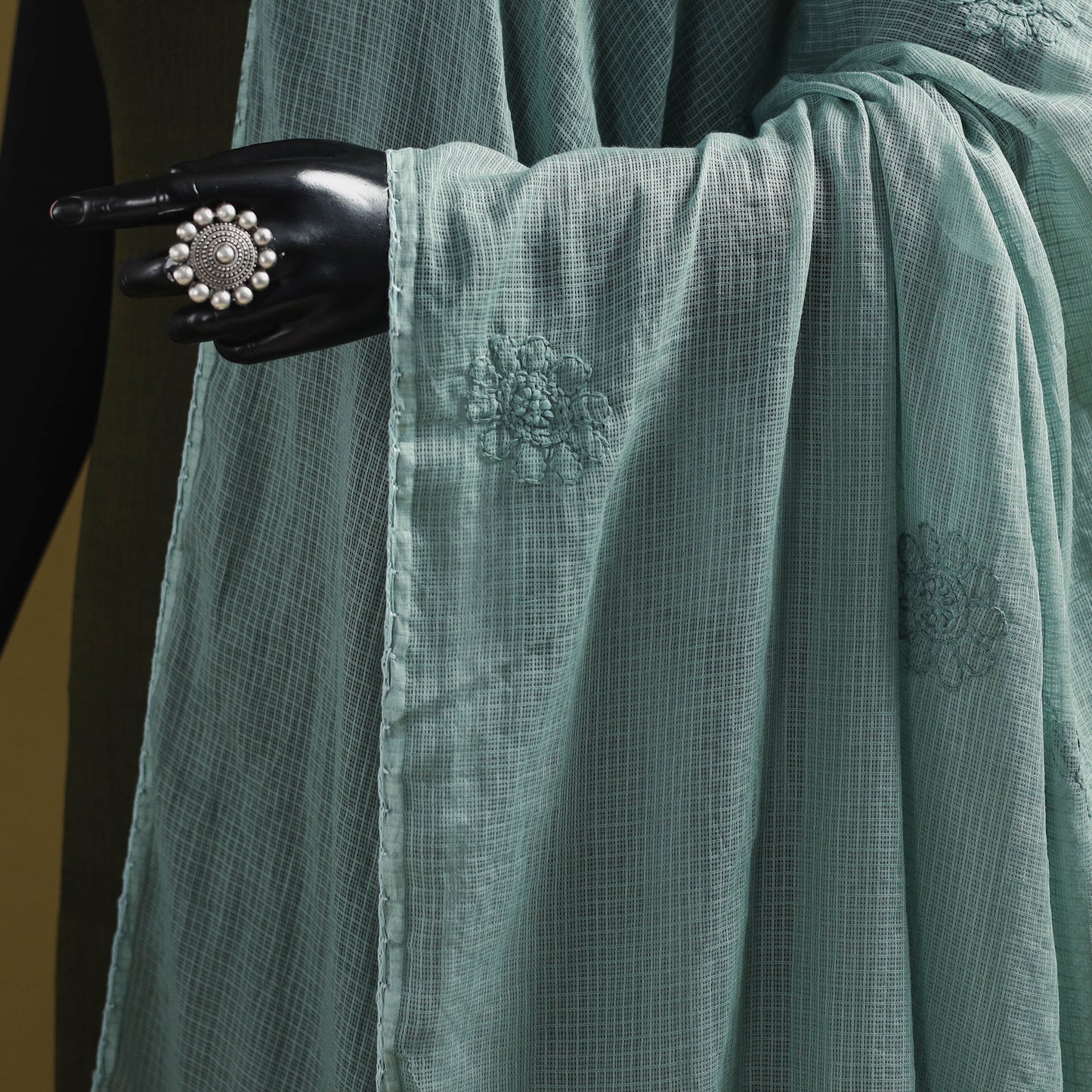 Green - kota doria cotton hand embroidered lucknowi