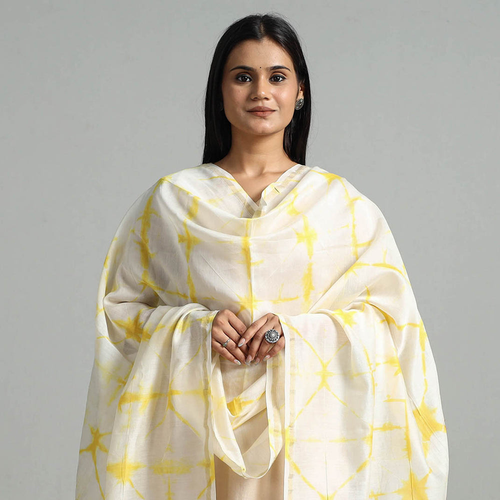 Yellow - Shibori Tie-Dye Handloom Chanderi Silk Dupatta with Zari Border 45