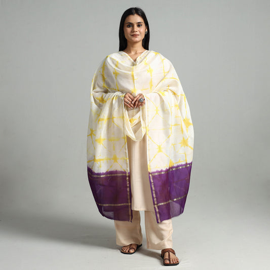 Yellow - Shibori Tie-Dye Handloom Chanderi Silk Dupatta with Zari Border 45