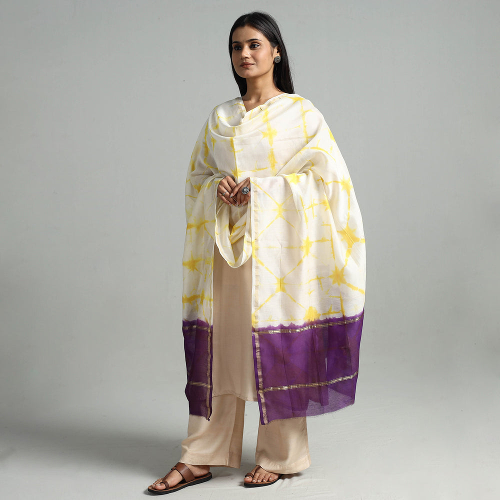 Yellow - Shibori Tie-Dye Handloom Chanderi Silk Dupatta with Zari Border 45