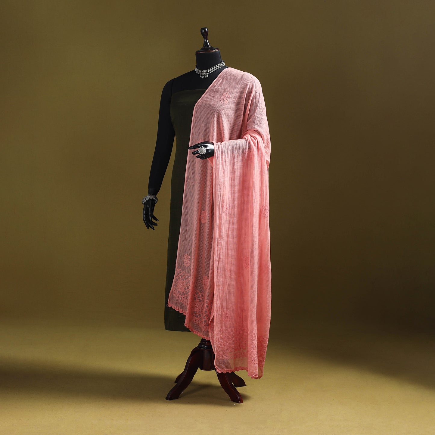 Peach - kota doria cotton hand embroidered lucknowi