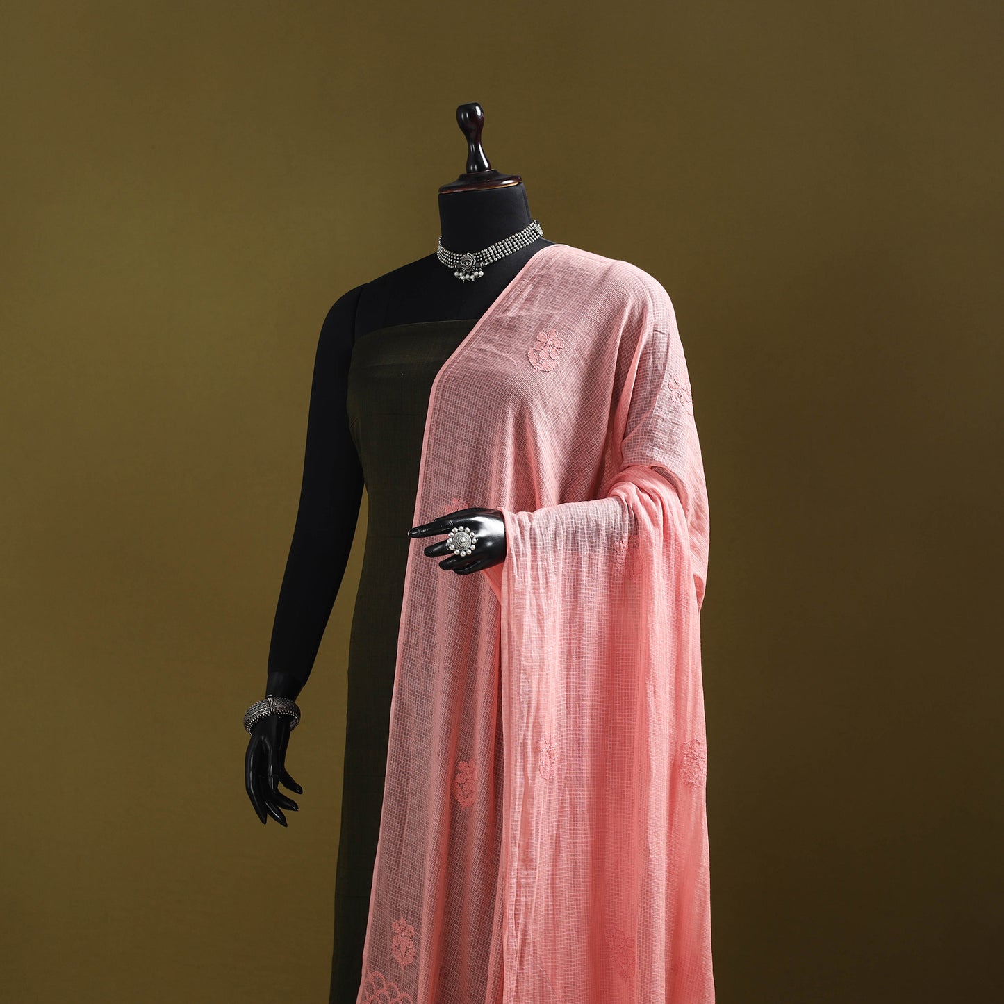 Peach - kota doria cotton hand embroidered lucknowi