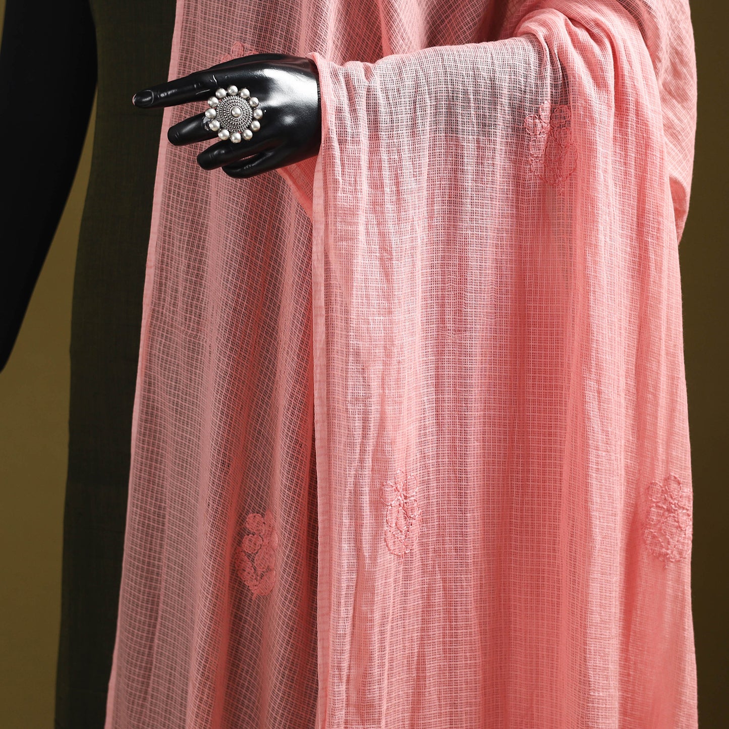 Peach - kota doria cotton hand embroidered lucknowi