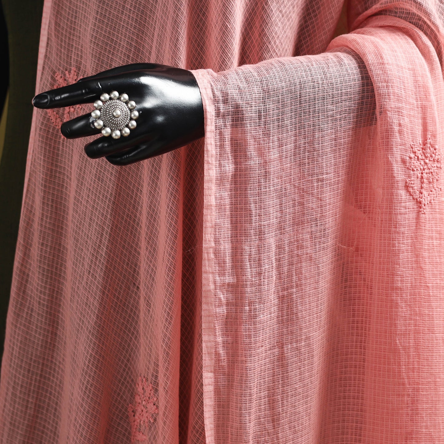 Peach - kota doria cotton hand embroidered lucknowi