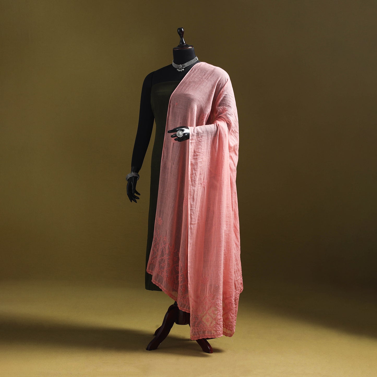 Peach - kota doria cotton hand embroidered lucknowi