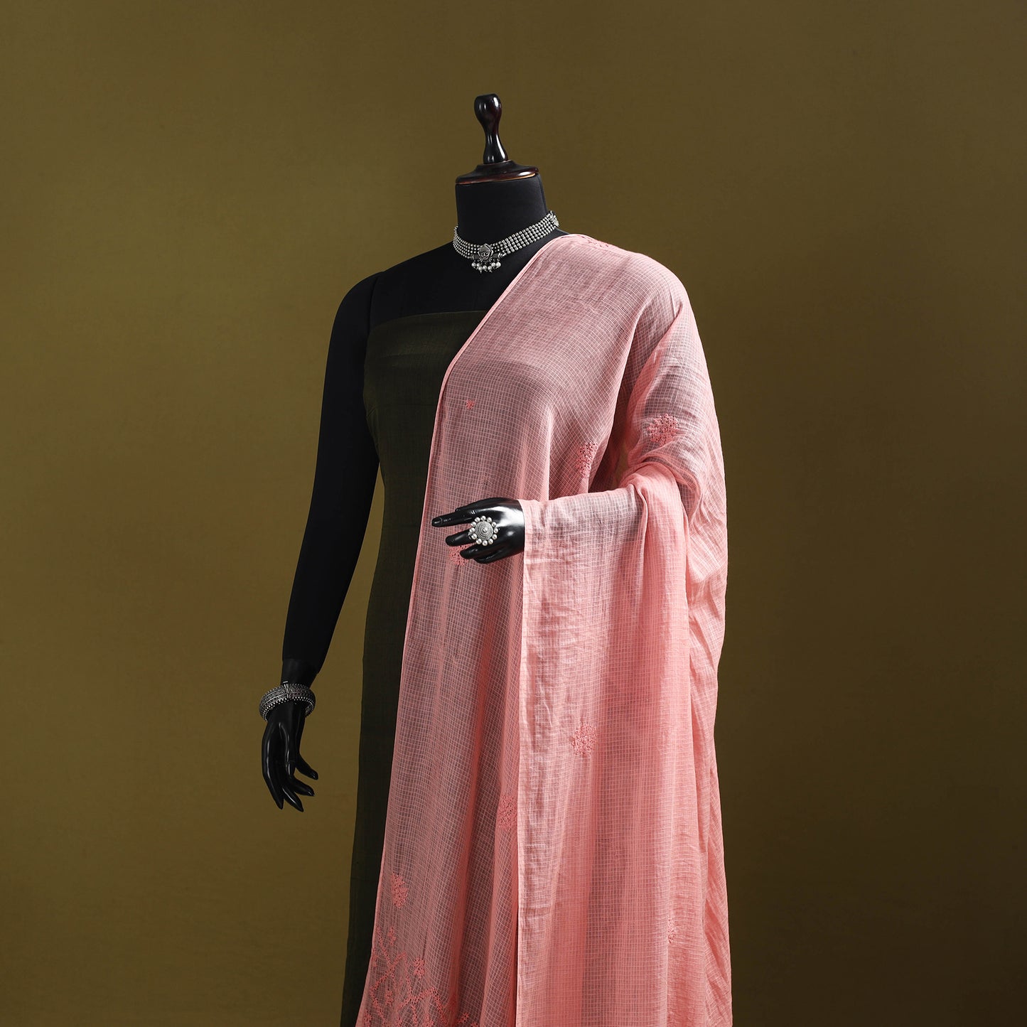 Peach - kota doria cotton hand embroidered lucknowi