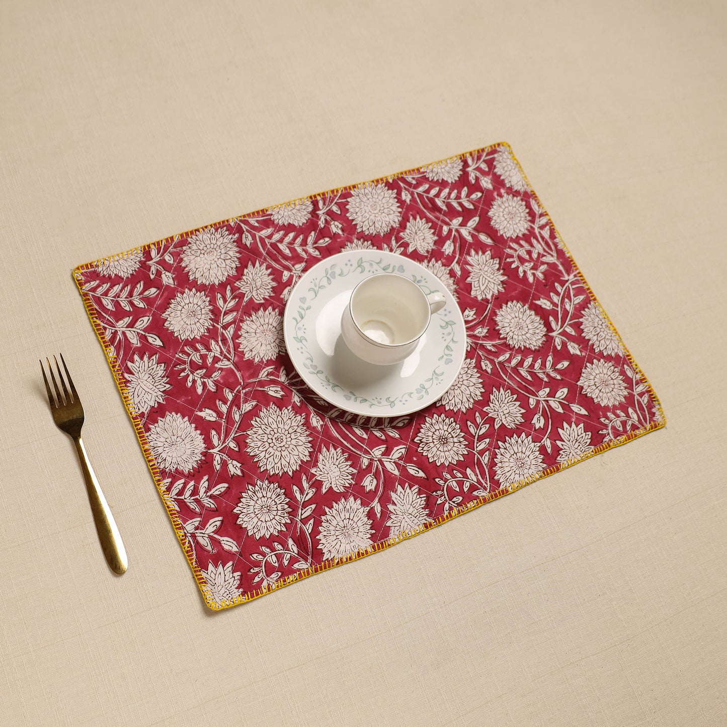 Red - Hand Embroidered Floral Cotton Reversible Table Mat 71