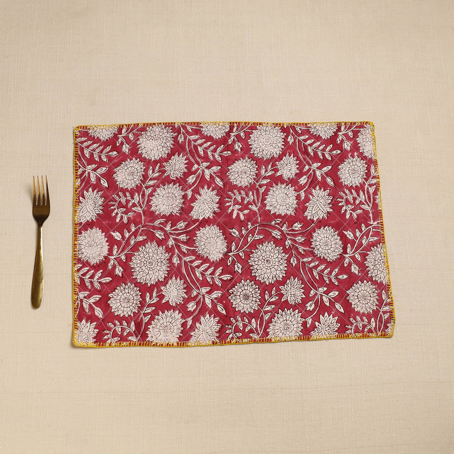 Red - Hand Embroidered Floral Cotton Reversible Table Mat 71