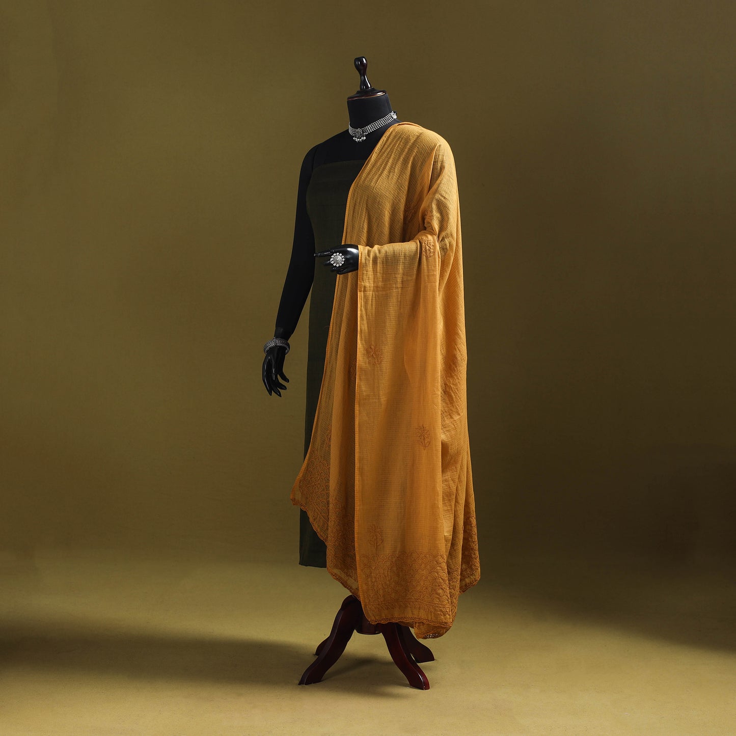 Yellow - kota doria cotton hand embroidered lucknowi