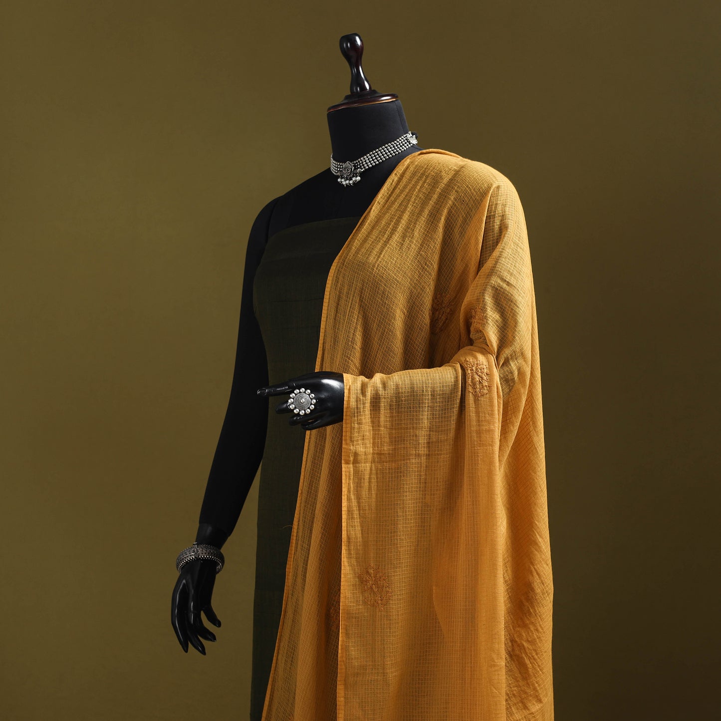 Yellow - kota doria cotton hand embroidered lucknowi