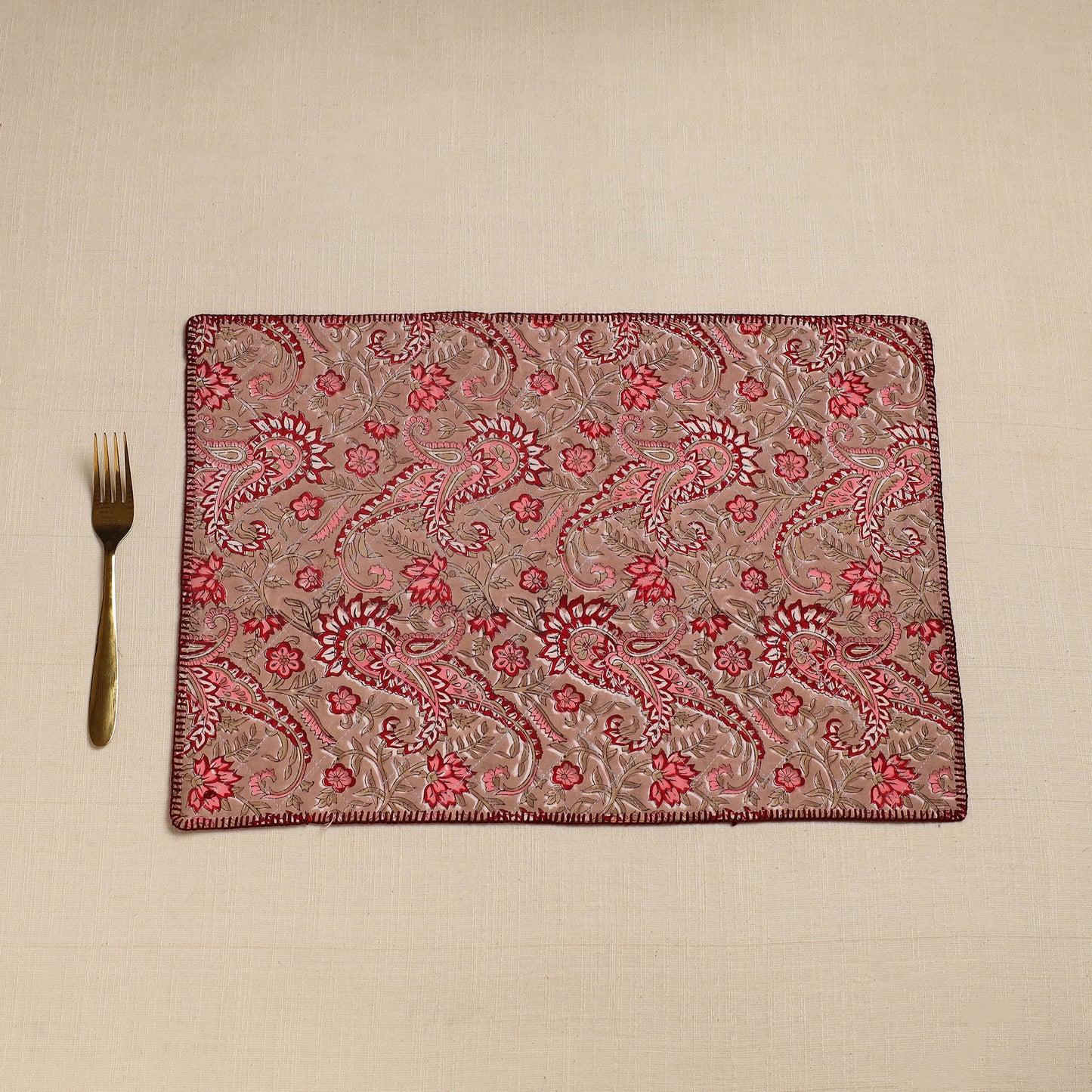 Brown - Hand Embroidered Floral Cotton Reversible Table Mat 73