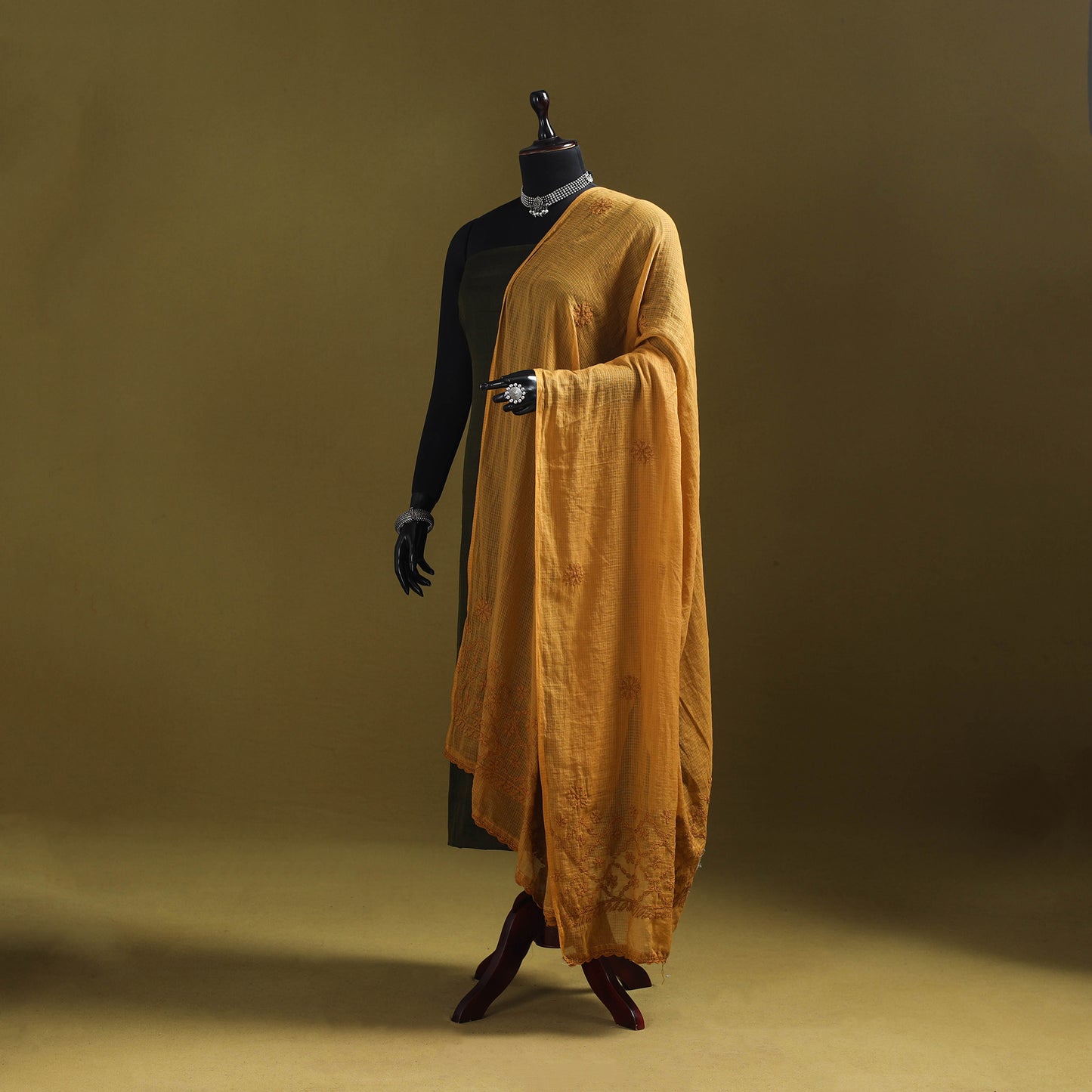 Yellow - kota doria cotton hand embroidered lucknowi