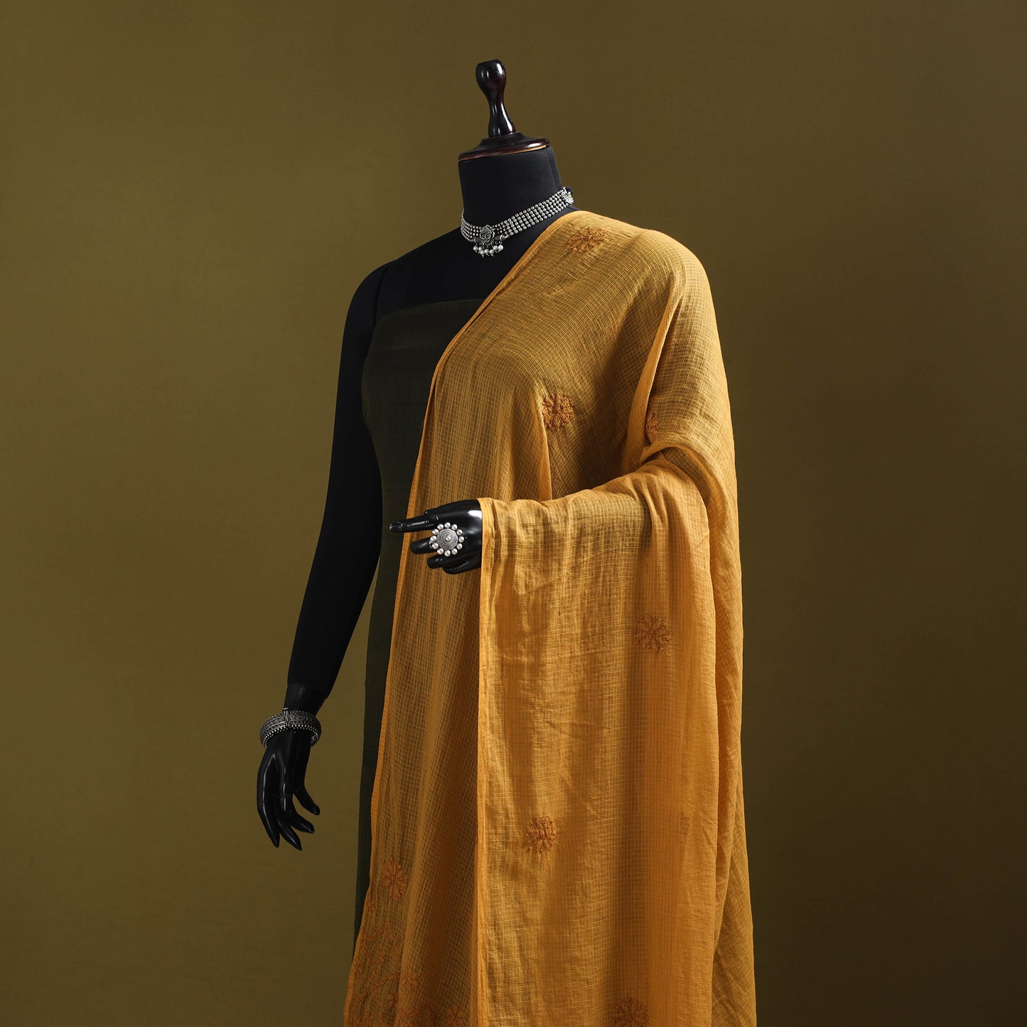 Yellow - kota doria cotton hand embroidered lucknowi