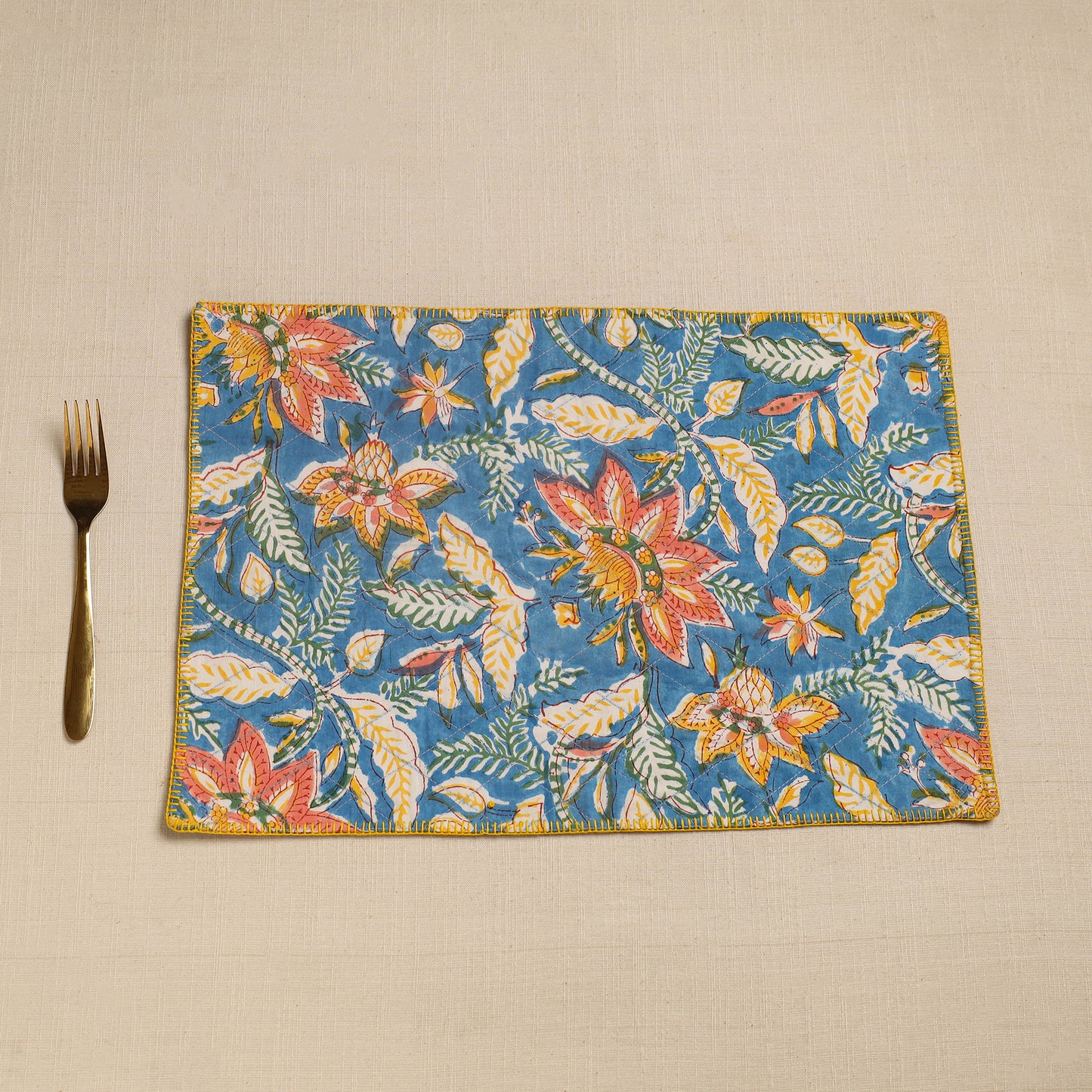 Blue - Hand Embroidered Floral Cotton Reversible Table Mat 74