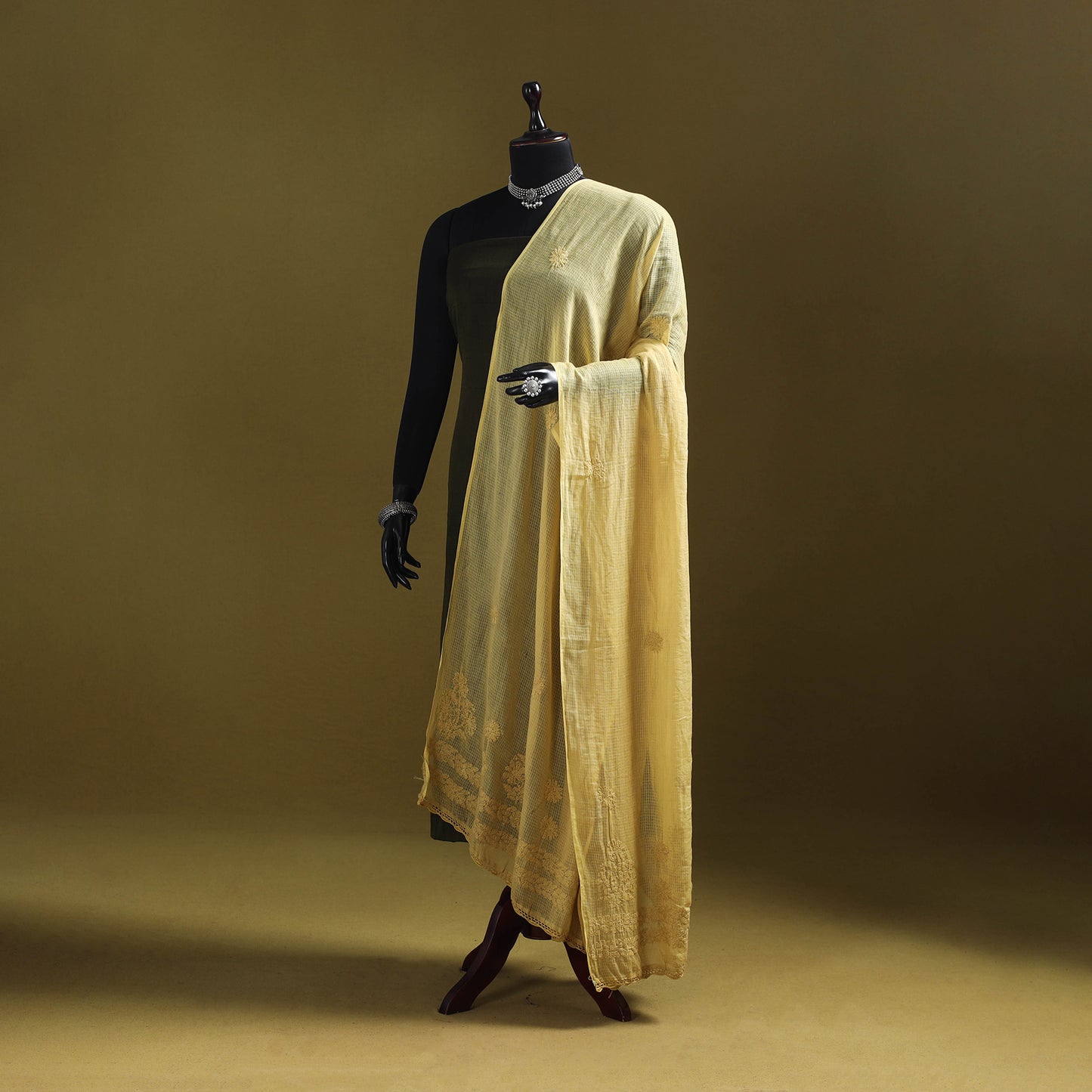 Yellow - kota doria cotton hand embroidered lucknowi