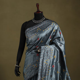 Grey - bengal hand embroidery silk nakshi kantha saree 34