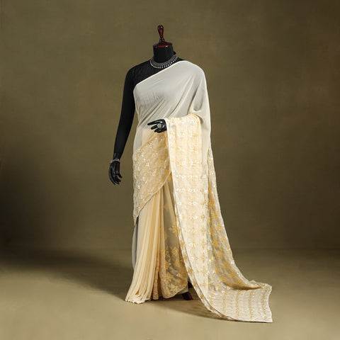 Beige - georgette embroidery phulkari saree 05 - handcrafted
