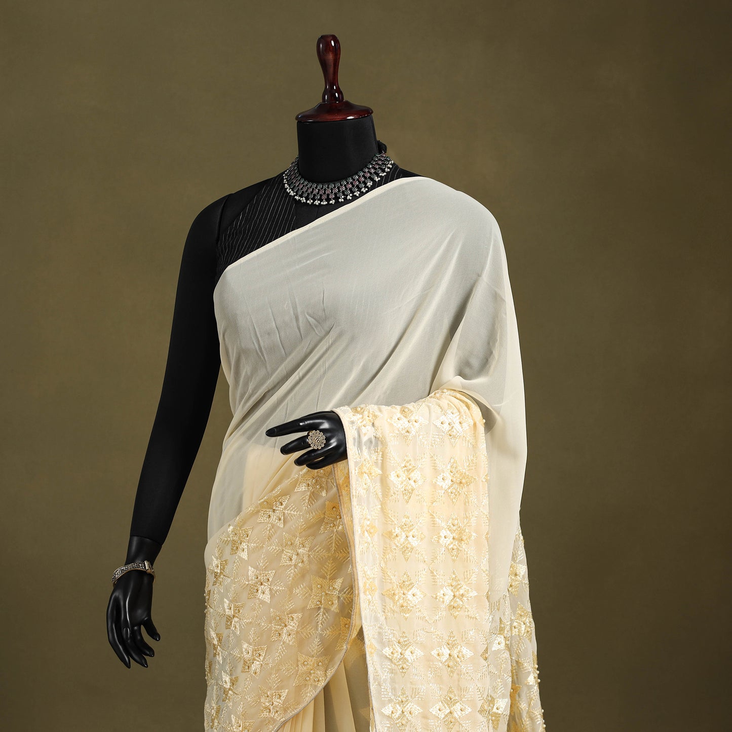 Beige - georgette embroidery phulkari saree 05 - handcrafted